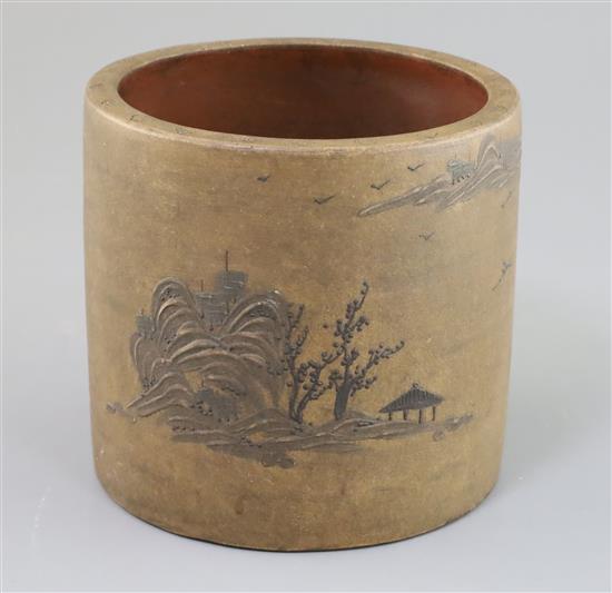 A Chinese Yixing brush pot, H. 13.5cm